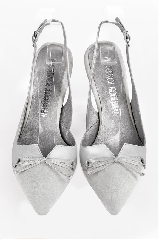 Pearl grey and light silver women's open back shoes, with a knot. Tapered toe. High slim heel. Top view - Florence KOOIJMAN